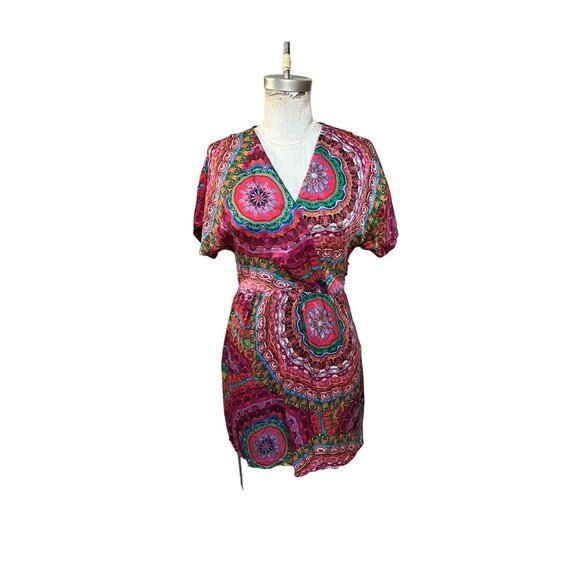 Retro 60s Caftan Tunic Dress 100% Silk Psychedelic Mandala Print Mini - Picture 1 of 10